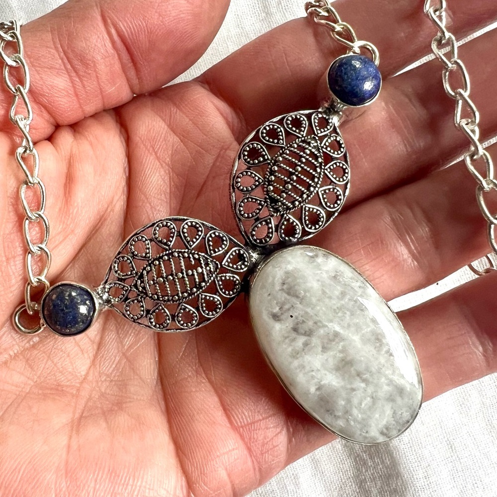 925 Moon Energy Third Eye Moonstone + Lapis Lazuli Pendant Necklace